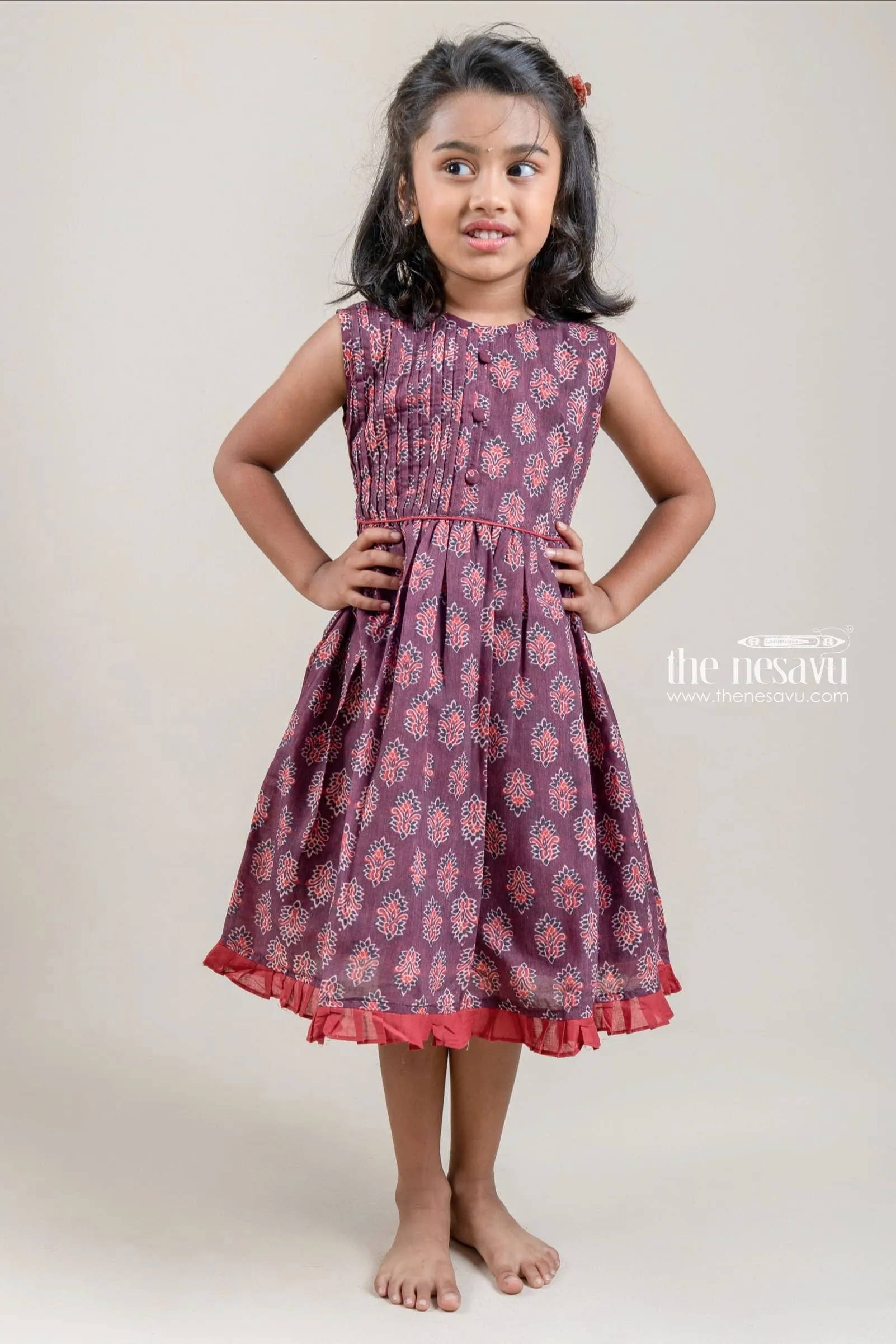 Adorable Hand Block Printed Sleeveless Brown Cotton Frock for Girls