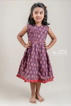 Adorable Hand Block Printed Sleeveless Brown Cotton Frock for Girls