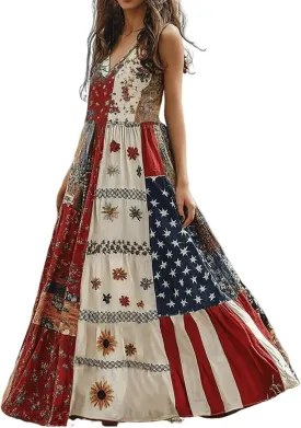 American Flag Dress Women Summer 2025 4th of July Patriotic Dresses Boho Floral Sundresses Sleeveless Maxi Outfits