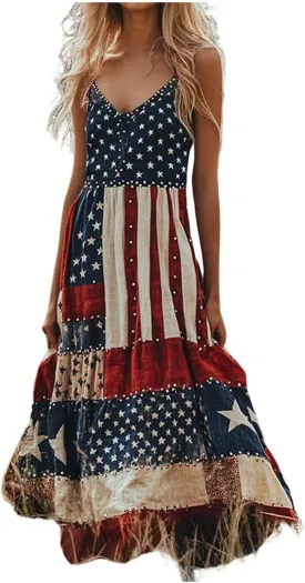 American Flag Dress Women Summer 2025 4th of July Patriotic Dresses Boho Floral Sundresses Sleeveless Maxi Outfits