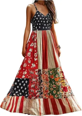 American Flag Dress Women Summer 2025 4th of July Patriotic Dresses Boho Floral Sundresses Sleeveless Maxi Outfits