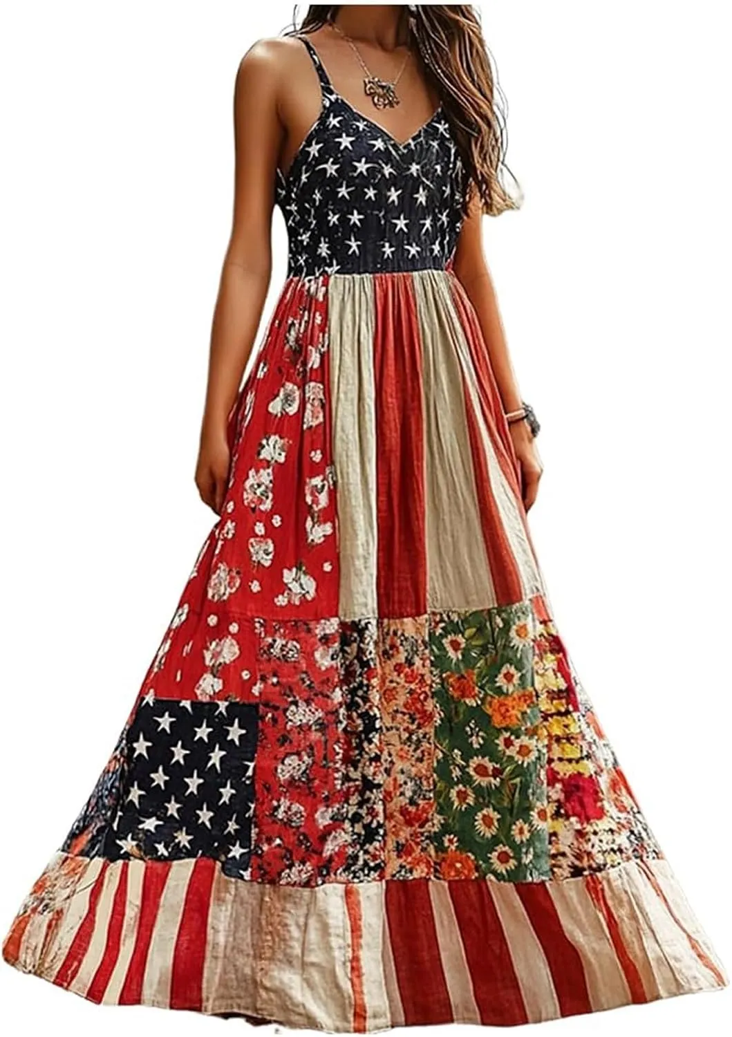 American Flag Dress Women Summer 2025 4th of July Patriotic Dresses Boho Floral Sundresses Sleeveless Maxi Outfits