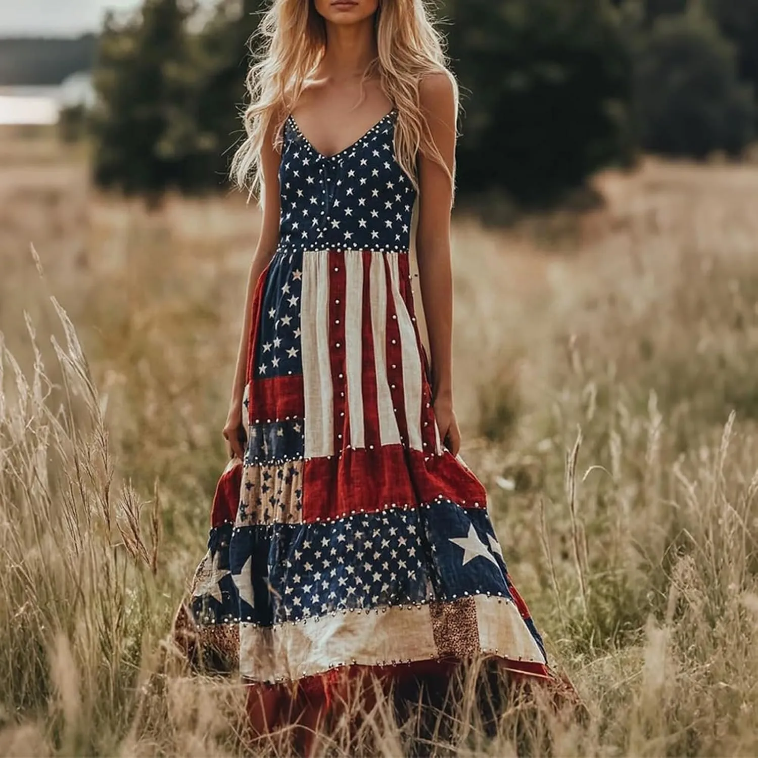 American Flag Dress Women Summer 2025 4th of July Patriotic Dresses Boho Floral Sundresses Sleeveless Maxi Outfits