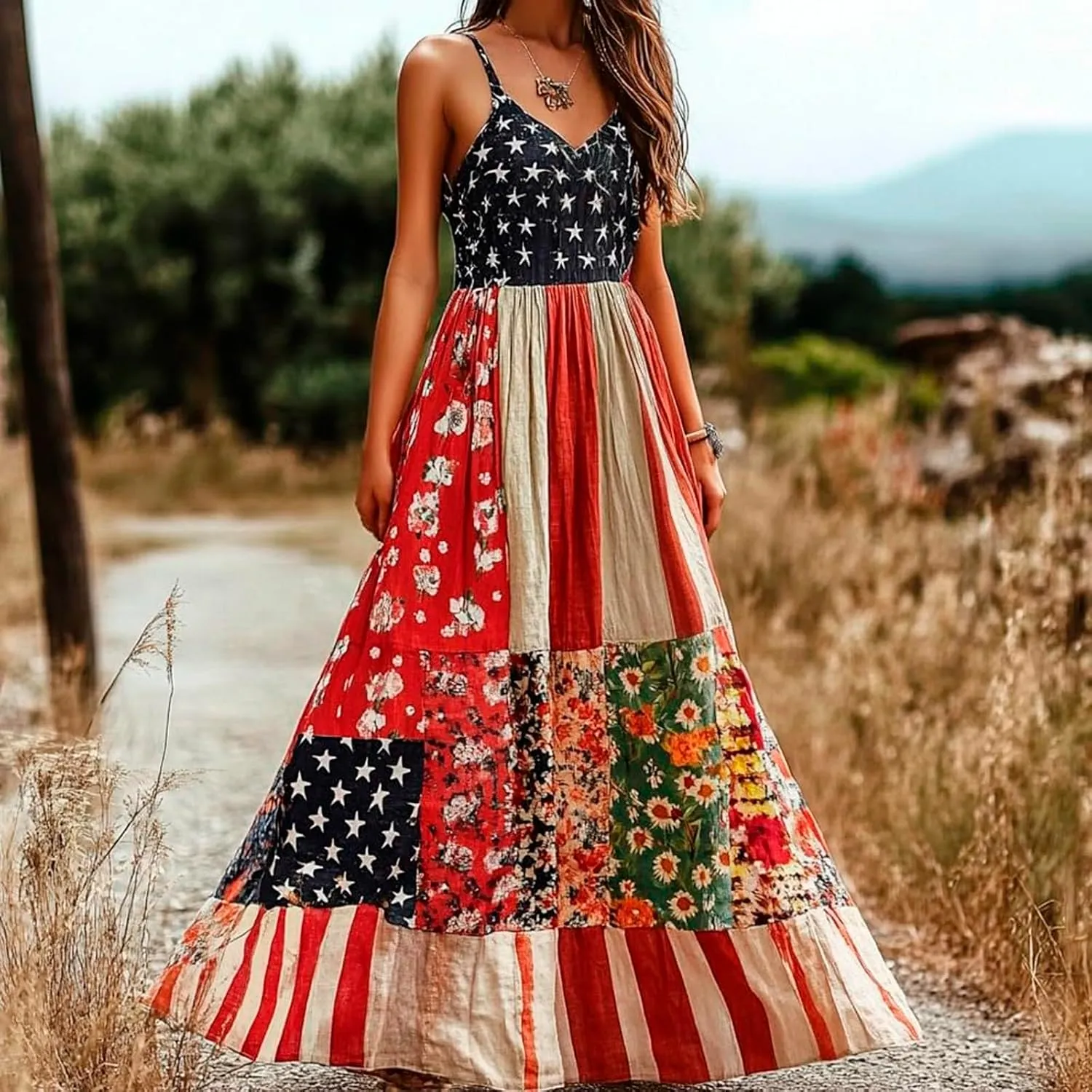 American Flag Dress Women Summer 2025 4th of July Patriotic Dresses Boho Floral Sundresses Sleeveless Maxi Outfits