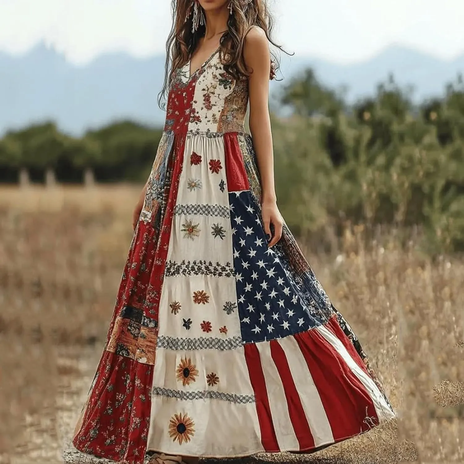 American Flag Dress Women Summer 2025 4th of July Patriotic Dresses Boho Floral Sundresses Sleeveless Maxi Outfits