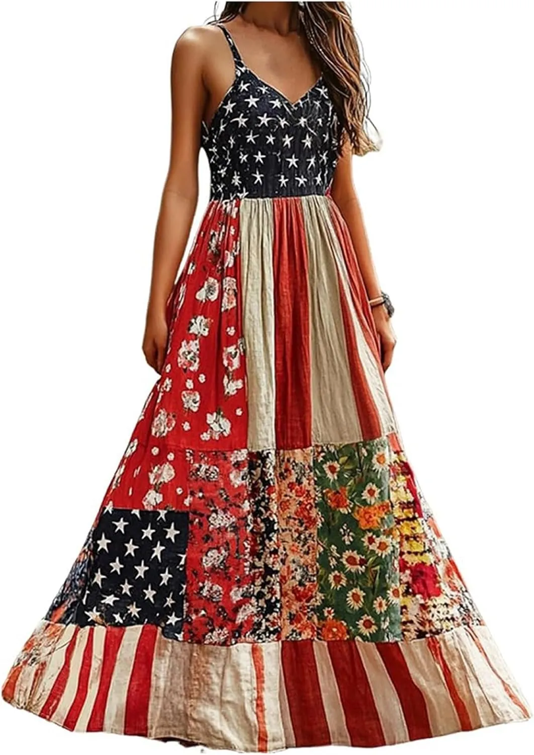 American Flag Dress Women Summer 2025 4th of July Patriotic Dresses Boho Floral Sundresses Sleeveless Maxi Outfits