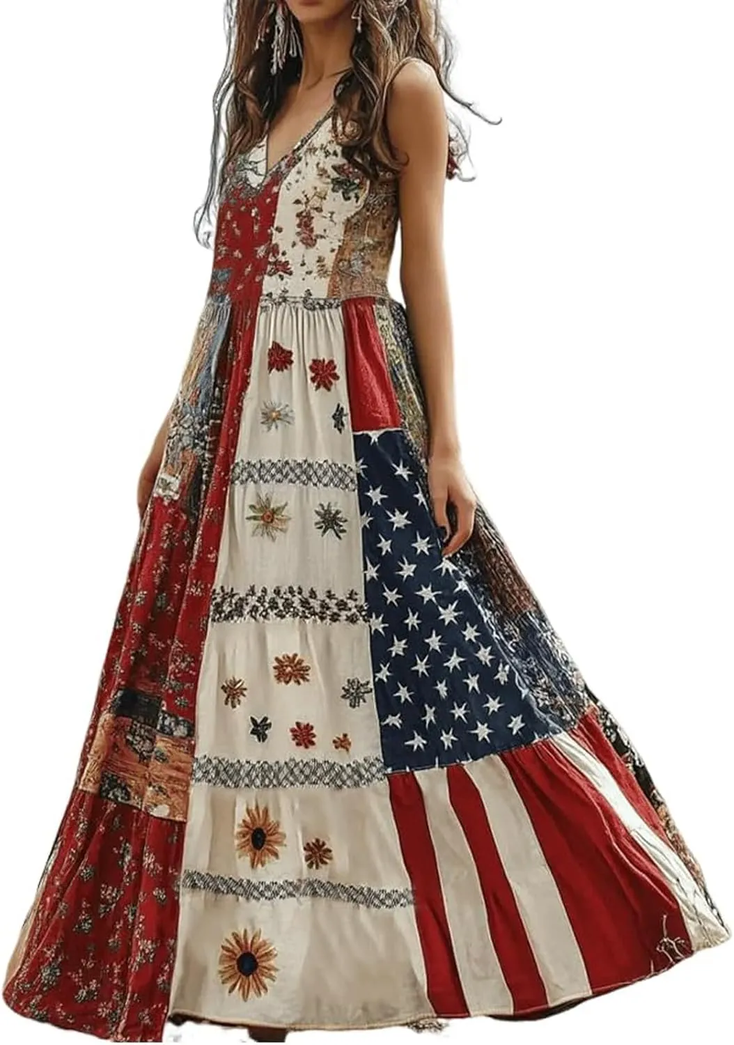 American Flag Dress Women Summer 2025 4th of July Patriotic Dresses Boho Floral Sundresses Sleeveless Maxi Outfits