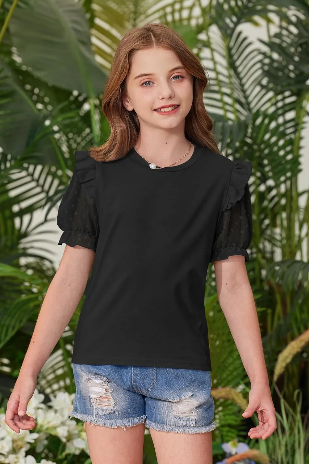 BesserBay Girls Summer Cute Swiss Dot Mesh Short Puff Sleeve T Shirts Layered Ruffle Flutter Crewneck Blouses 6-14 Years