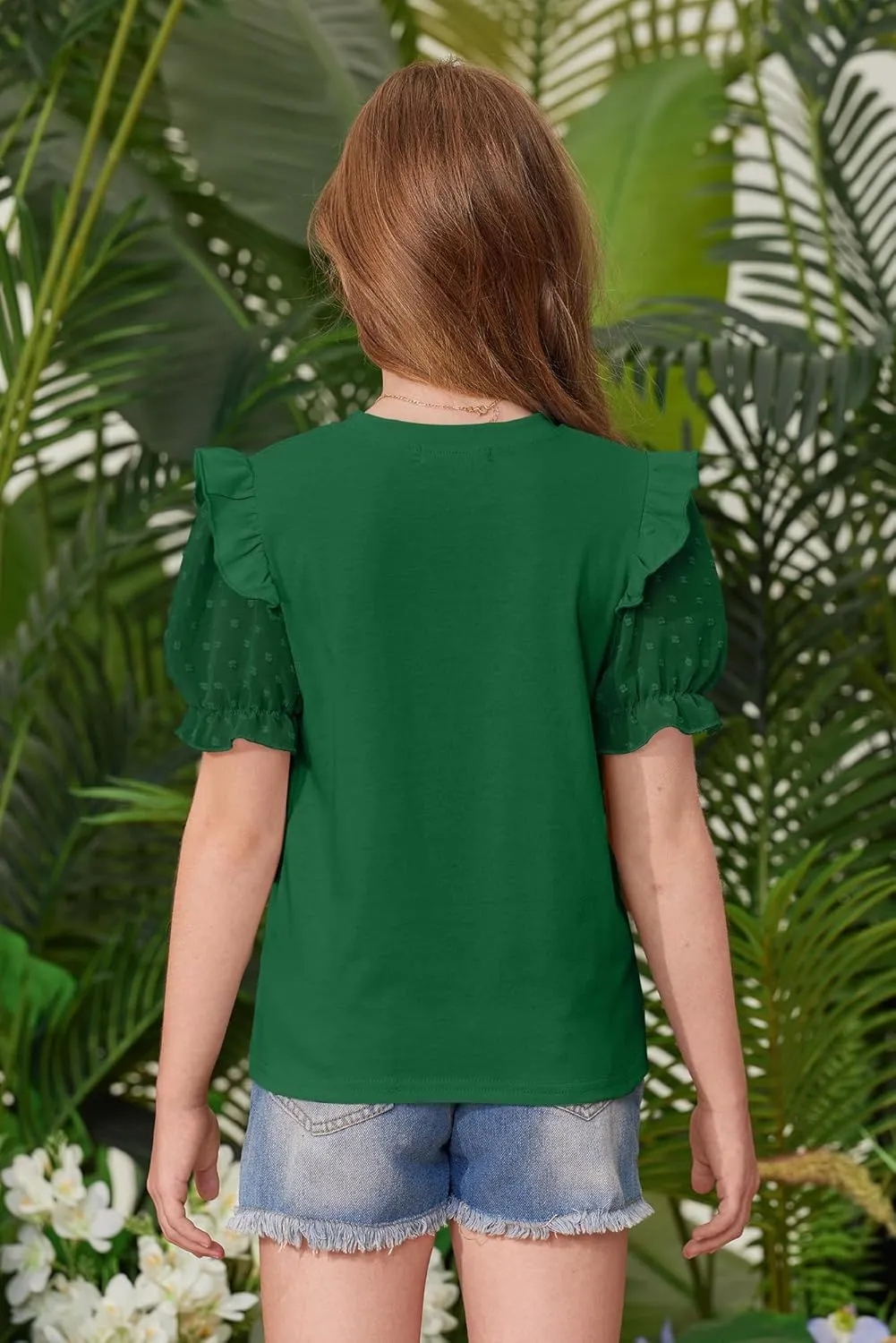 BesserBay Girls Summer Cute Swiss Dot Mesh Short Puff Sleeve T Shirts Layered Ruffle Flutter Crewneck Blouses 6-14 Years