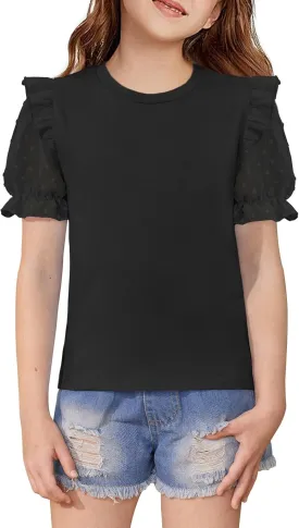 BesserBay Girls Summer Cute Swiss Dot Mesh Short Puff Sleeve T Shirts Layered Ruffle Flutter Crewneck Blouses 6-14 Years