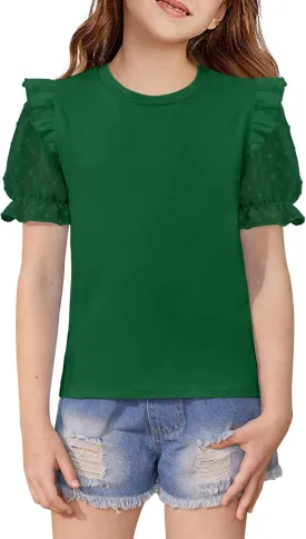BesserBay Girls Summer Cute Swiss Dot Mesh Short Puff Sleeve T Shirts Layered Ruffle Flutter Crewneck Blouses 6-14 Years