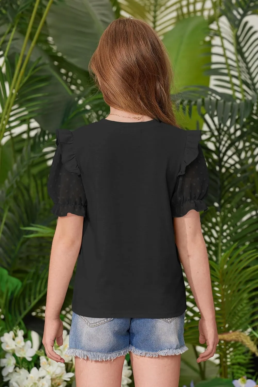 BesserBay Girls Summer Cute Swiss Dot Mesh Short Puff Sleeve T Shirts Layered Ruffle Flutter Crewneck Blouses 6-14 Years
