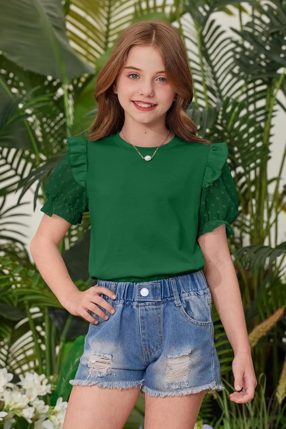 BesserBay Girls Summer Cute Swiss Dot Mesh Short Puff Sleeve T Shirts Layered Ruffle Flutter Crewneck Blouses 6-14 Years