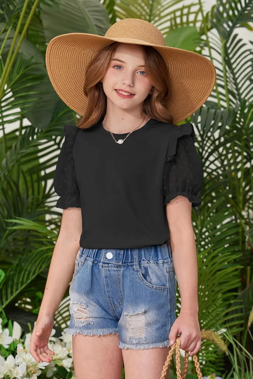 BesserBay Girls Summer Cute Swiss Dot Mesh Short Puff Sleeve T Shirts Layered Ruffle Flutter Crewneck Blouses 6-14 Years