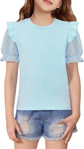 BesserBay Girls Summer Cute Swiss Dot Mesh Short Puff Sleeve T Shirts Layered Ruffle Flutter Crewneck Blouses 6-14 Years