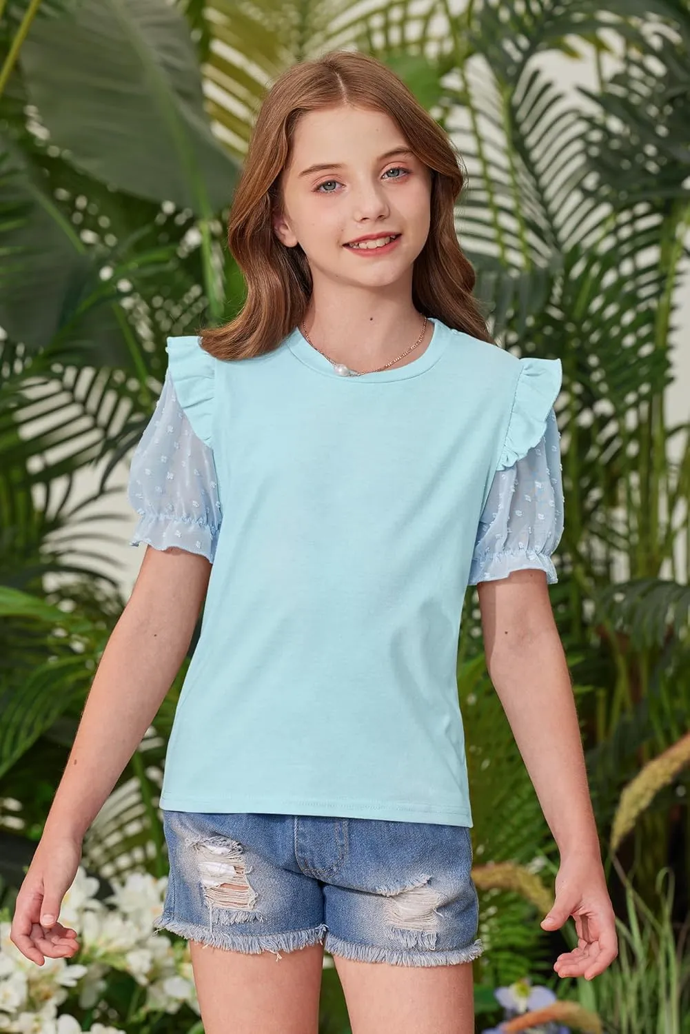 BesserBay Girls Summer Cute Swiss Dot Mesh Short Puff Sleeve T Shirts Layered Ruffle Flutter Crewneck Blouses 6-14 Years