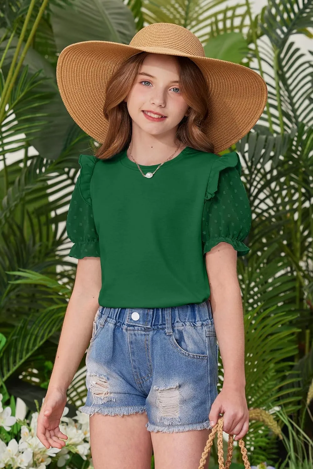 BesserBay Girls Summer Cute Swiss Dot Mesh Short Puff Sleeve T Shirts Layered Ruffle Flutter Crewneck Blouses 6-14 Years