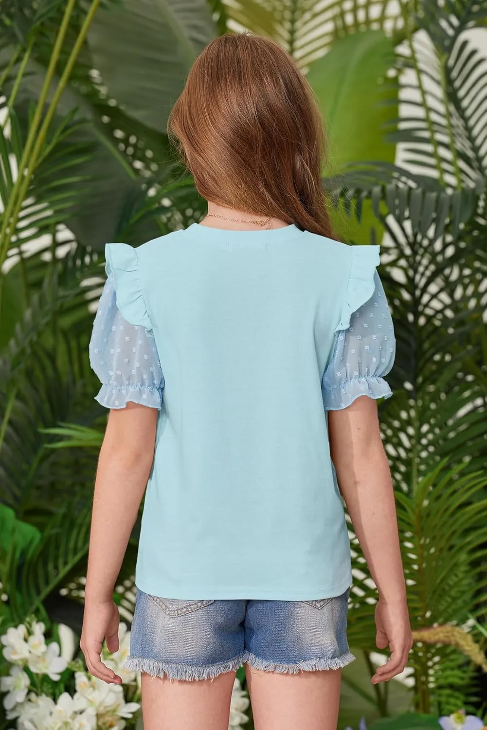 BesserBay Girls Summer Cute Swiss Dot Mesh Short Puff Sleeve T Shirts Layered Ruffle Flutter Crewneck Blouses 6-14 Years
