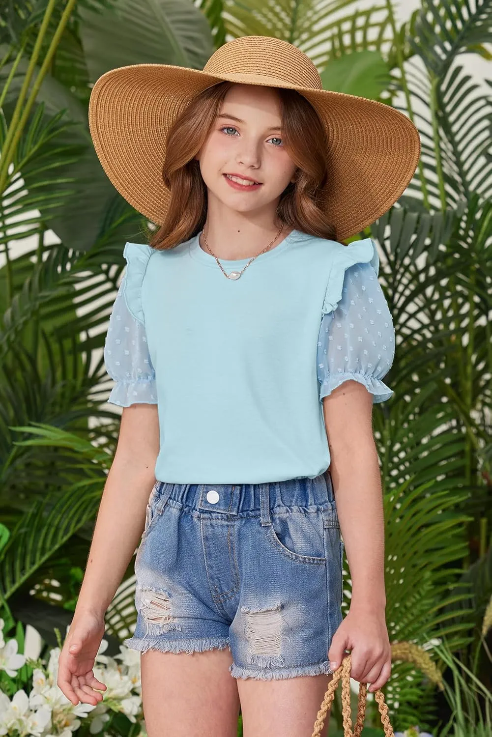 BesserBay Girls Summer Cute Swiss Dot Mesh Short Puff Sleeve T Shirts Layered Ruffle Flutter Crewneck Blouses 6-14 Years