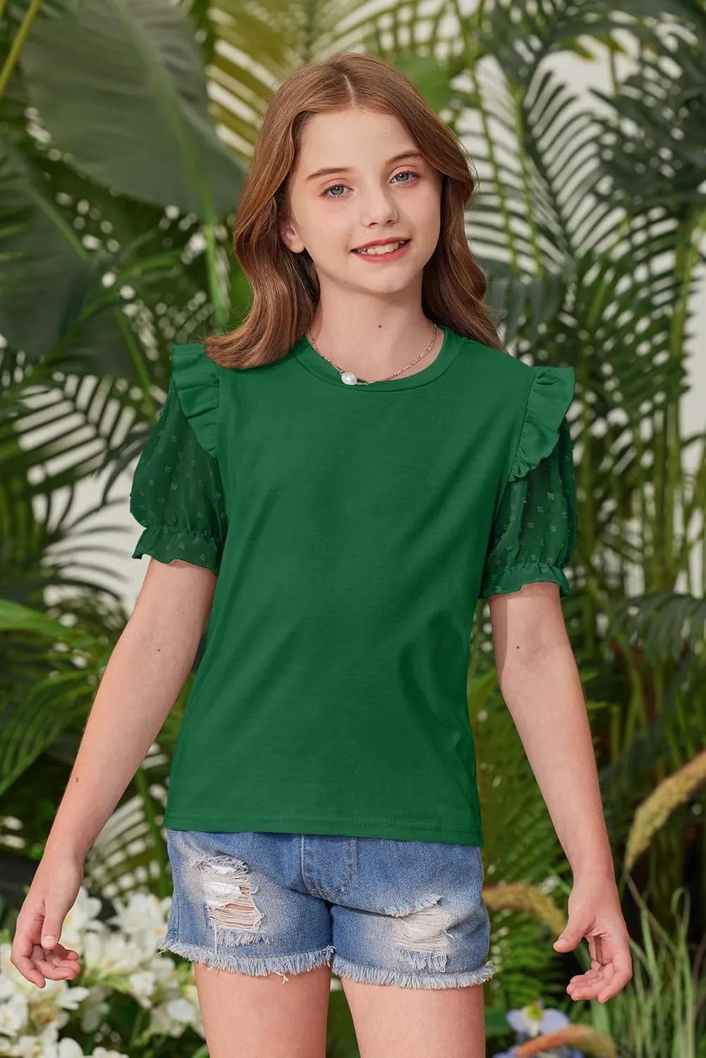 BesserBay Girls Summer Cute Swiss Dot Mesh Short Puff Sleeve T Shirts Layered Ruffle Flutter Crewneck Blouses 6-14 Years