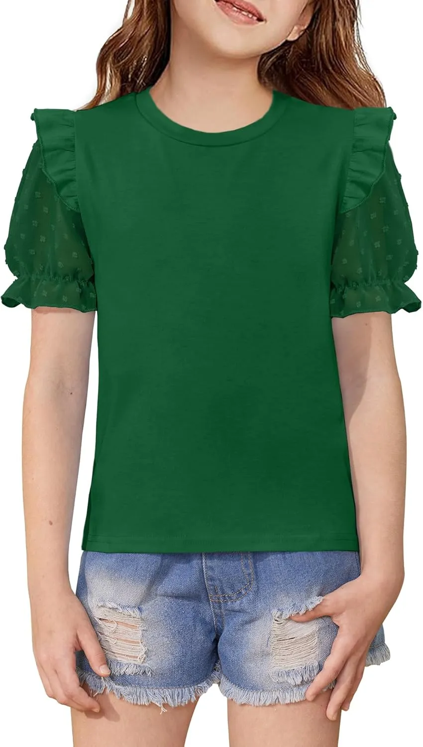 BesserBay Girls Summer Cute Swiss Dot Mesh Short Puff Sleeve T Shirts Layered Ruffle Flutter Crewneck Blouses 6-14 Years