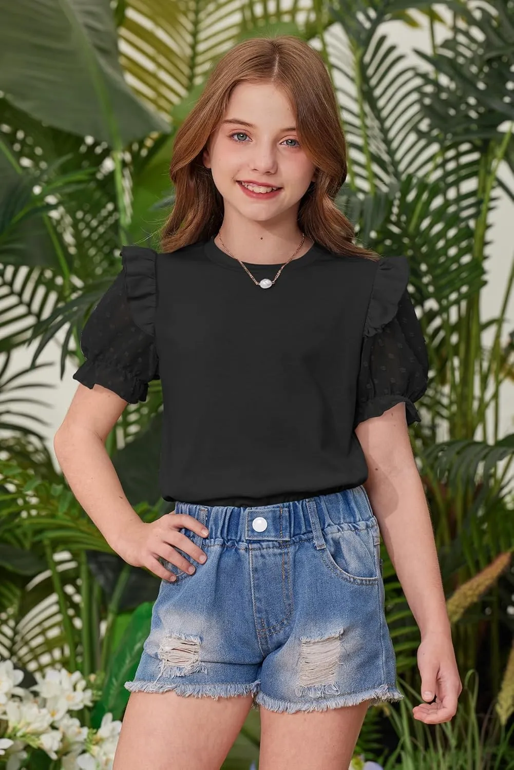 BesserBay Girls Summer Cute Swiss Dot Mesh Short Puff Sleeve T Shirts Layered Ruffle Flutter Crewneck Blouses 6-14 Years