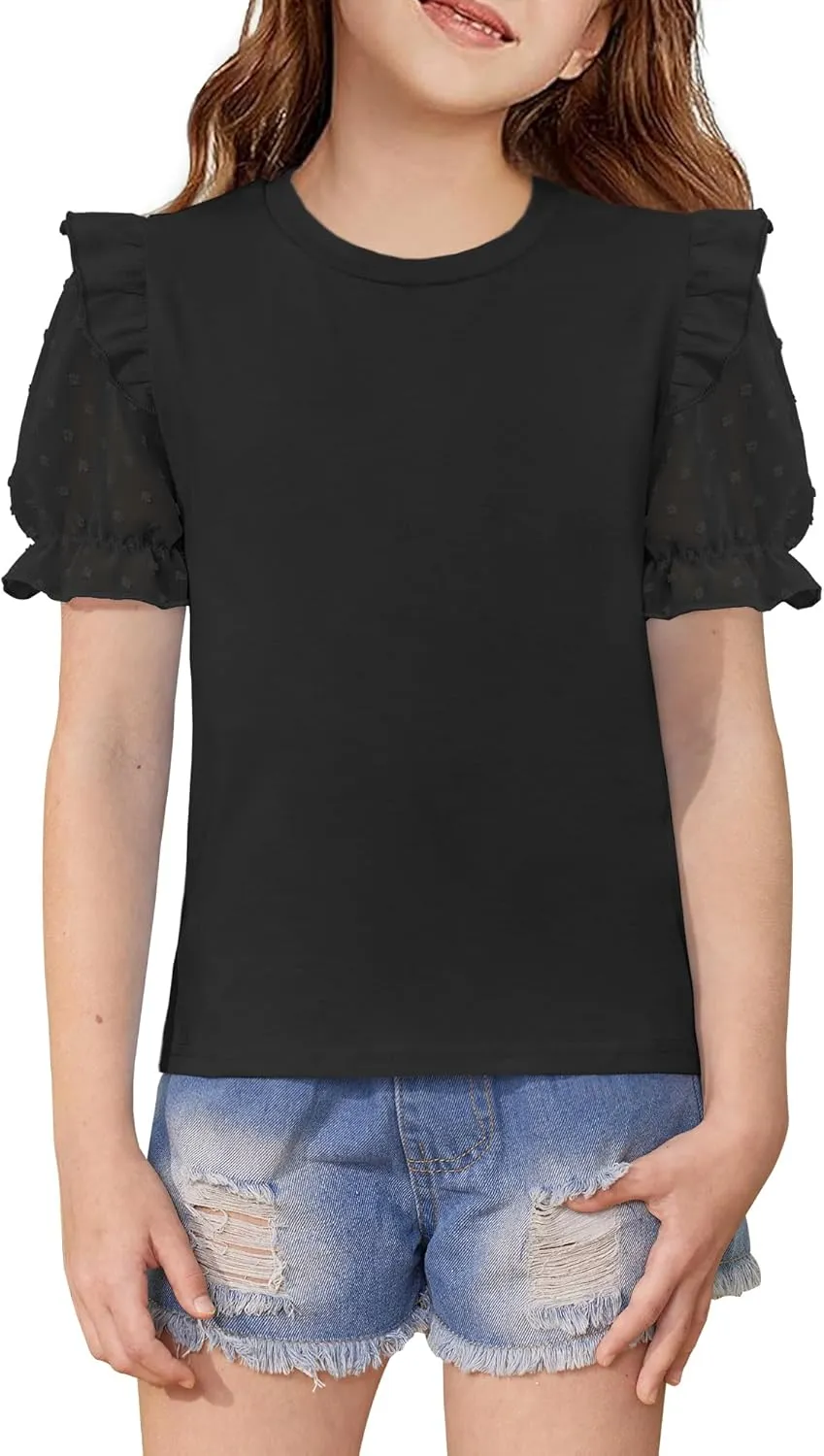 BesserBay Girls Summer Cute Swiss Dot Mesh Short Puff Sleeve T Shirts Layered Ruffle Flutter Crewneck Blouses 6-14 Years