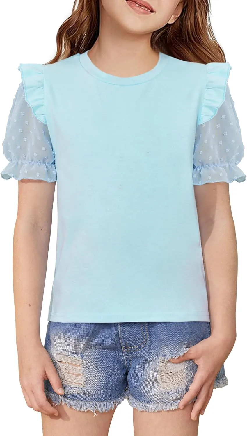 BesserBay Girls Summer Cute Swiss Dot Mesh Short Puff Sleeve T Shirts Layered Ruffle Flutter Crewneck Blouses 6-14 Years