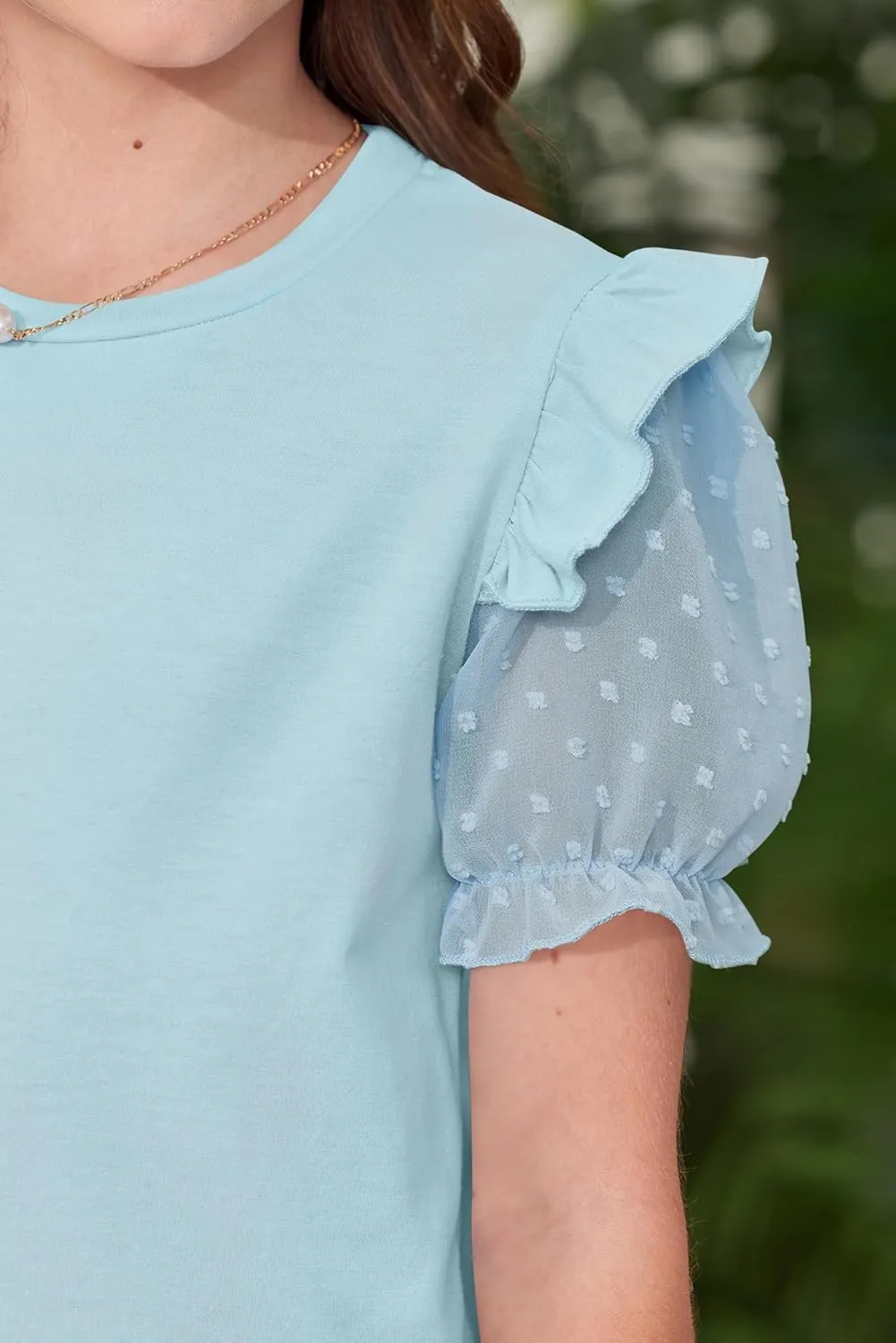 BesserBay Girls Summer Cute Swiss Dot Mesh Short Puff Sleeve T Shirts Layered Ruffle Flutter Crewneck Blouses 6-14 Years