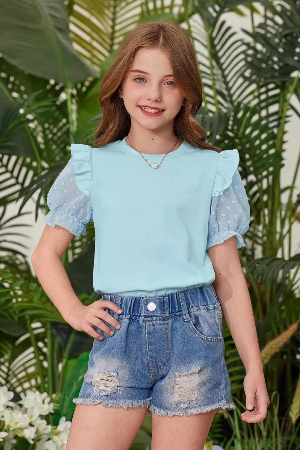 BesserBay Girls Summer Cute Swiss Dot Mesh Short Puff Sleeve T Shirts Layered Ruffle Flutter Crewneck Blouses 6-14 Years