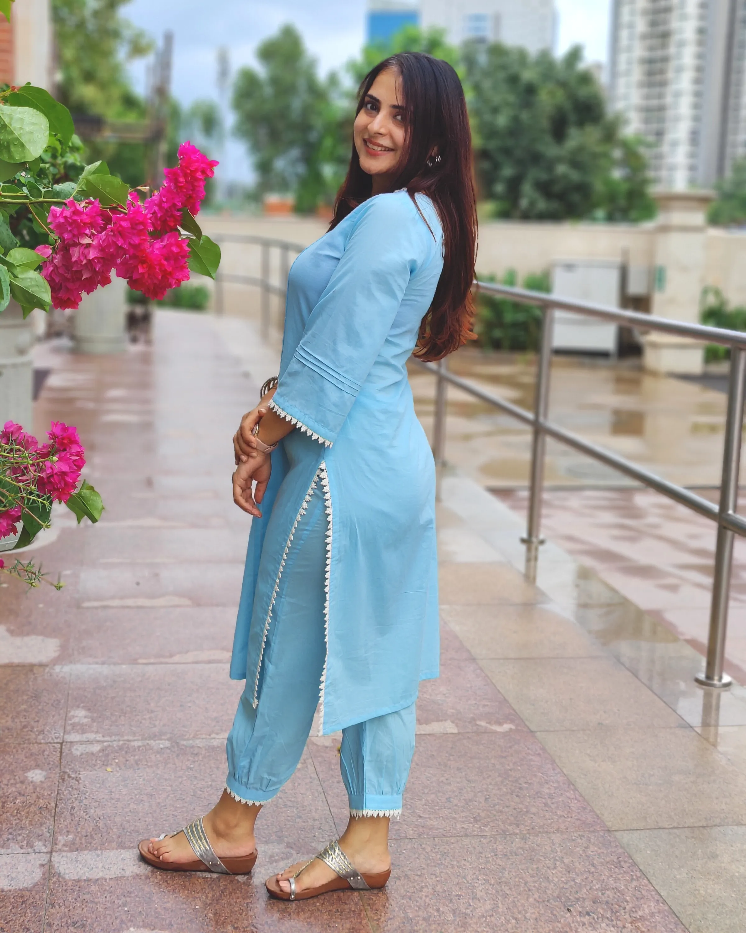 Bree Blue Cotton Kurta With Laced Salwar