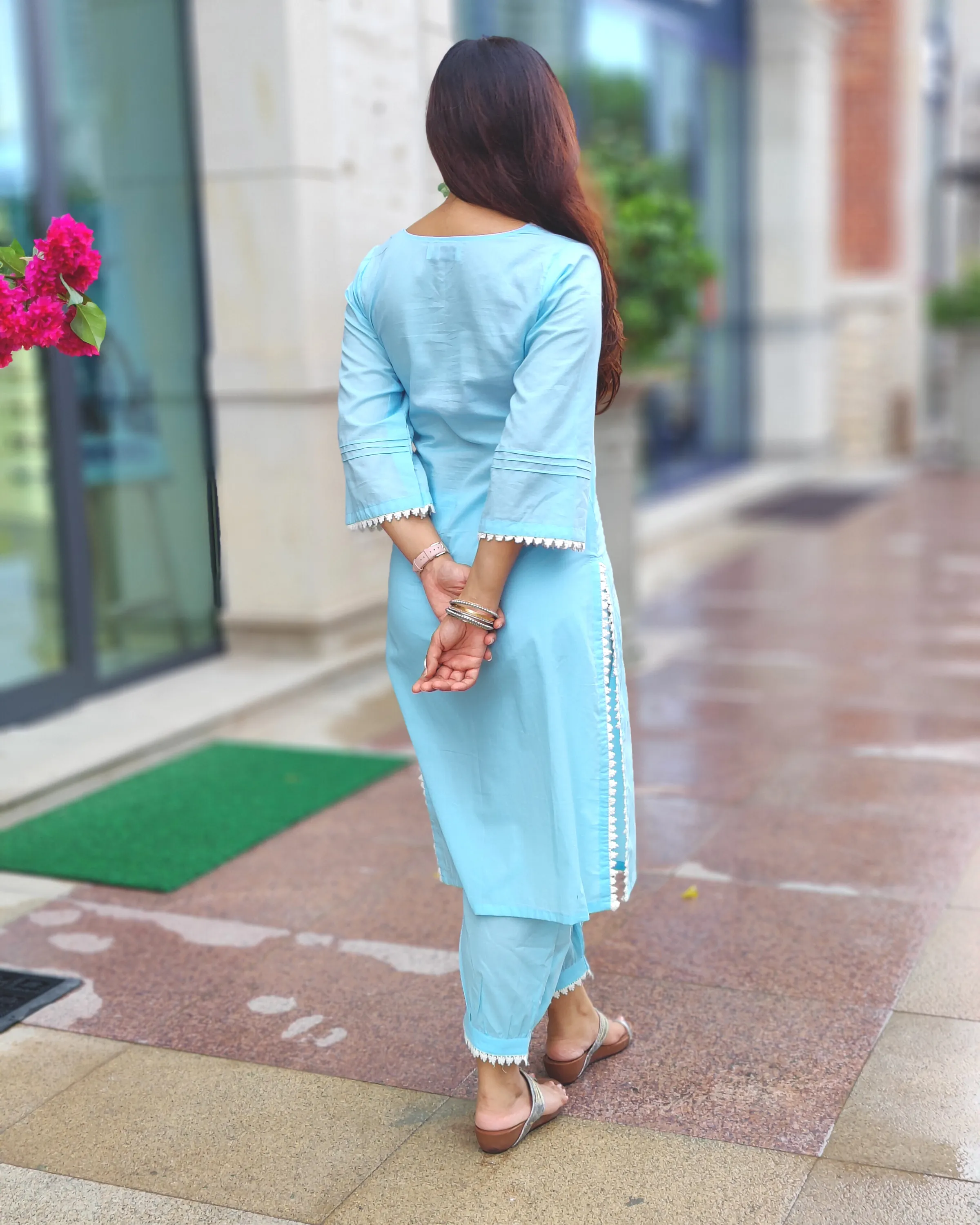 Bree Blue Cotton Kurta With Laced Salwar