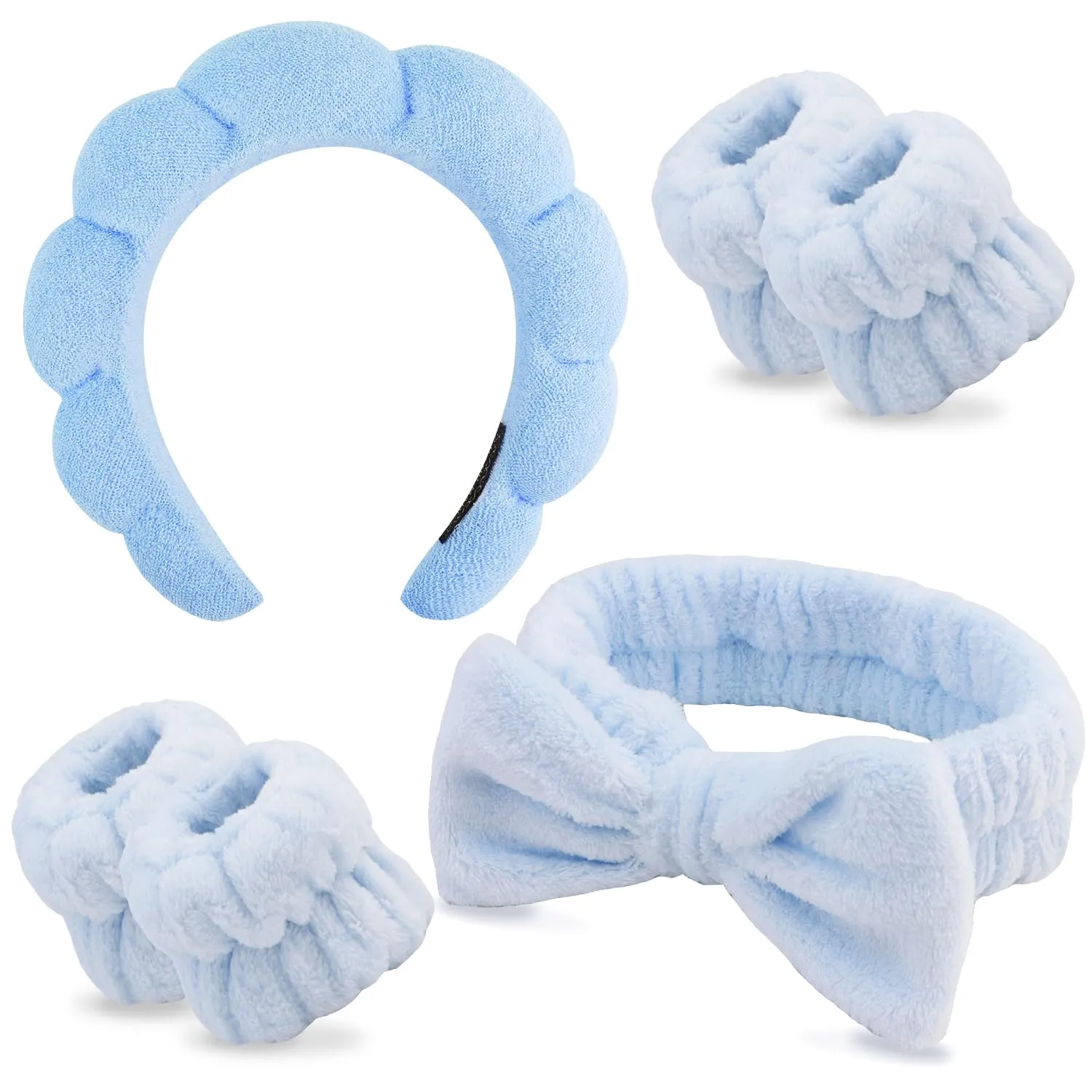 Chanaco Hairband, Soft & Comfortable Microfiber Facial Headband for Washing Face, Skincare Headband with Bow, Spa Headbands for Women, Teen Girl Gifts, Set of 2 Headbands and 4 Wristbands
