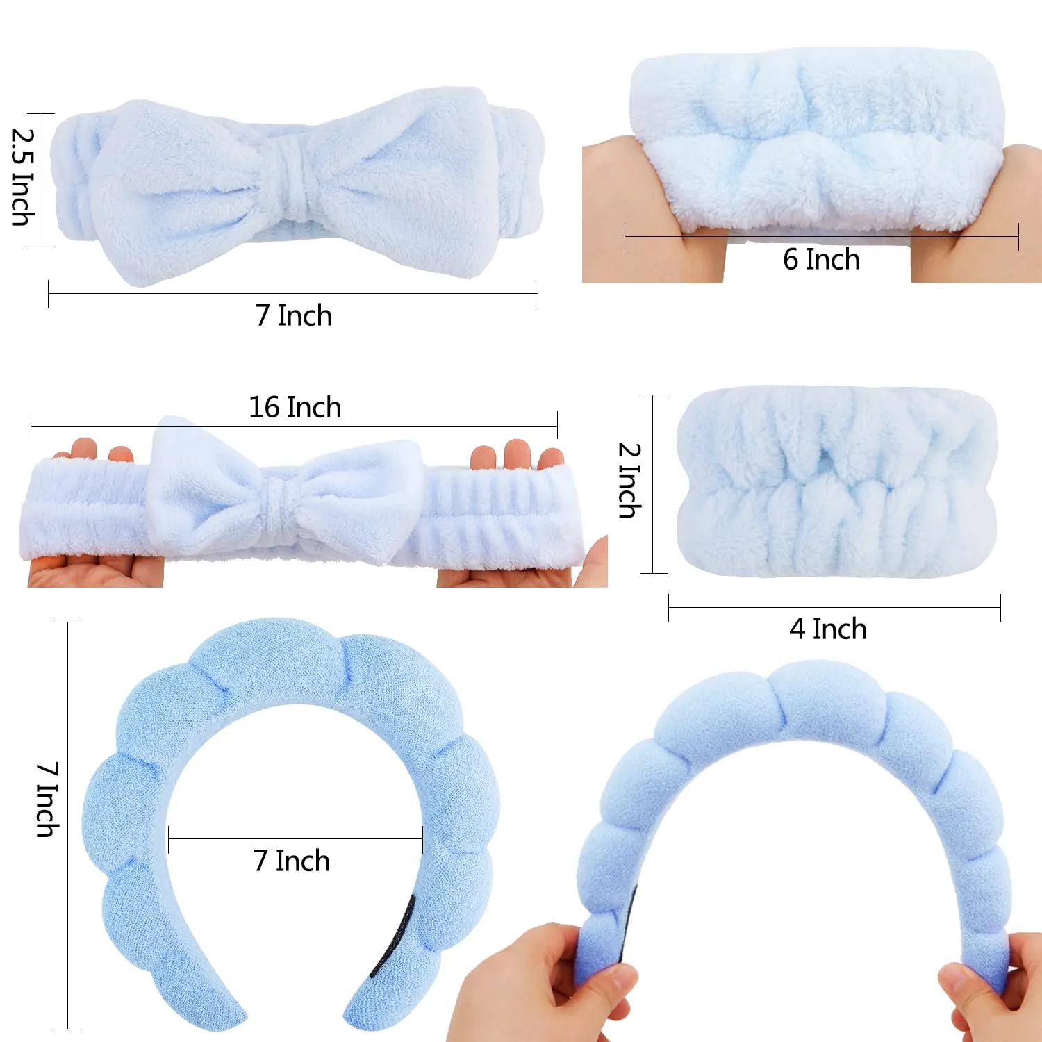 Chanaco Hairband, Soft & Comfortable Microfiber Facial Headband for Washing Face, Skincare Headband with Bow, Spa Headbands for Women, Teen Girl Gifts, Set of 2 Headbands and 4 Wristbands