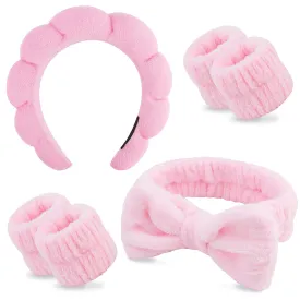 Chanaco Spa Wristband and Pink Puffy Sponge Makeup Headband Set for Face Washing, Skin Care, Teen Girl Gifts