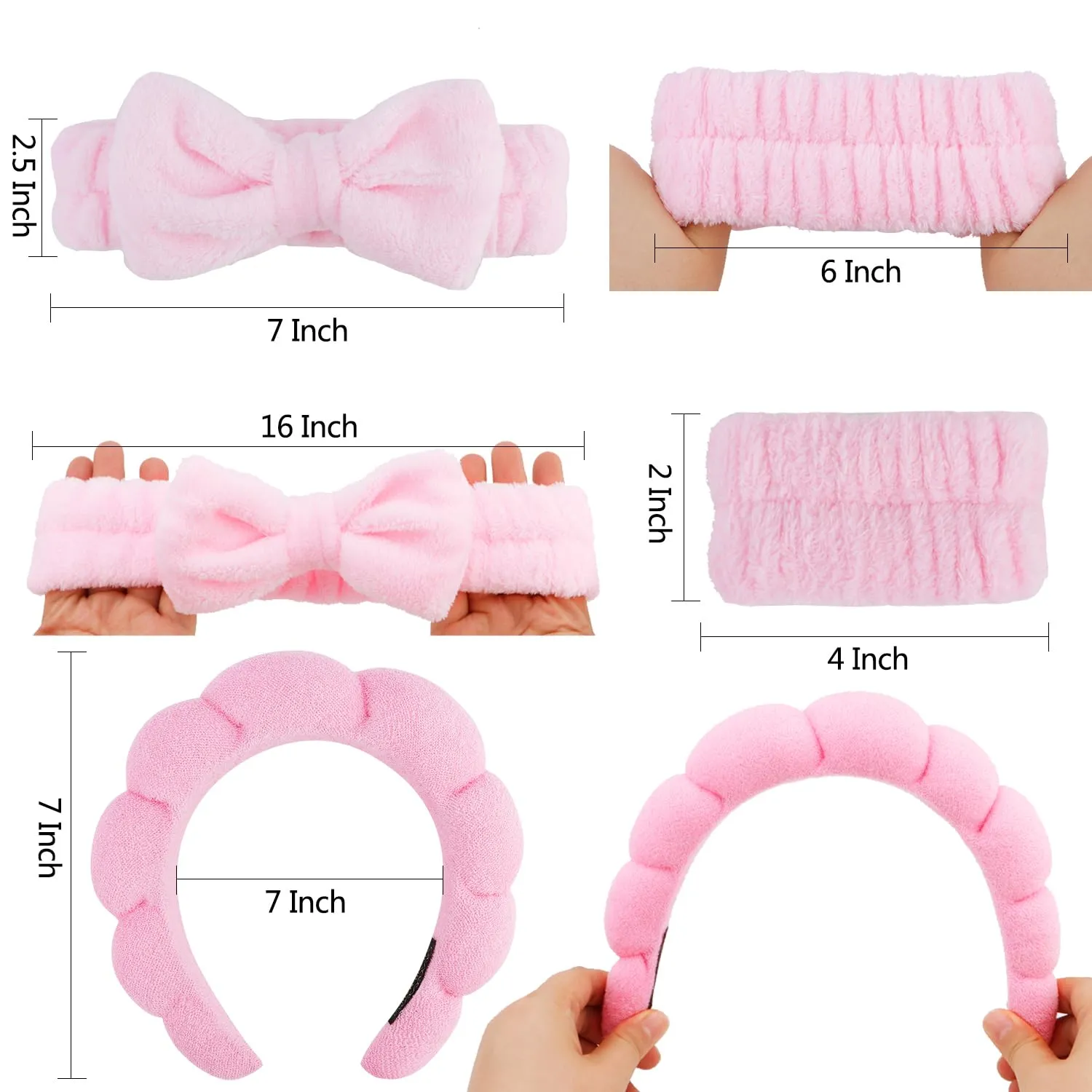 Chanaco Spa Wristband and Pink Puffy Sponge Makeup Headband Set for Face Washing, Skin Care, Teen Girl Gifts