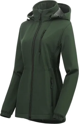 Chrisuno Women's Lightweight Long Softshell Fleece Lined Jacket Anorak Raincoat With Removable Hood