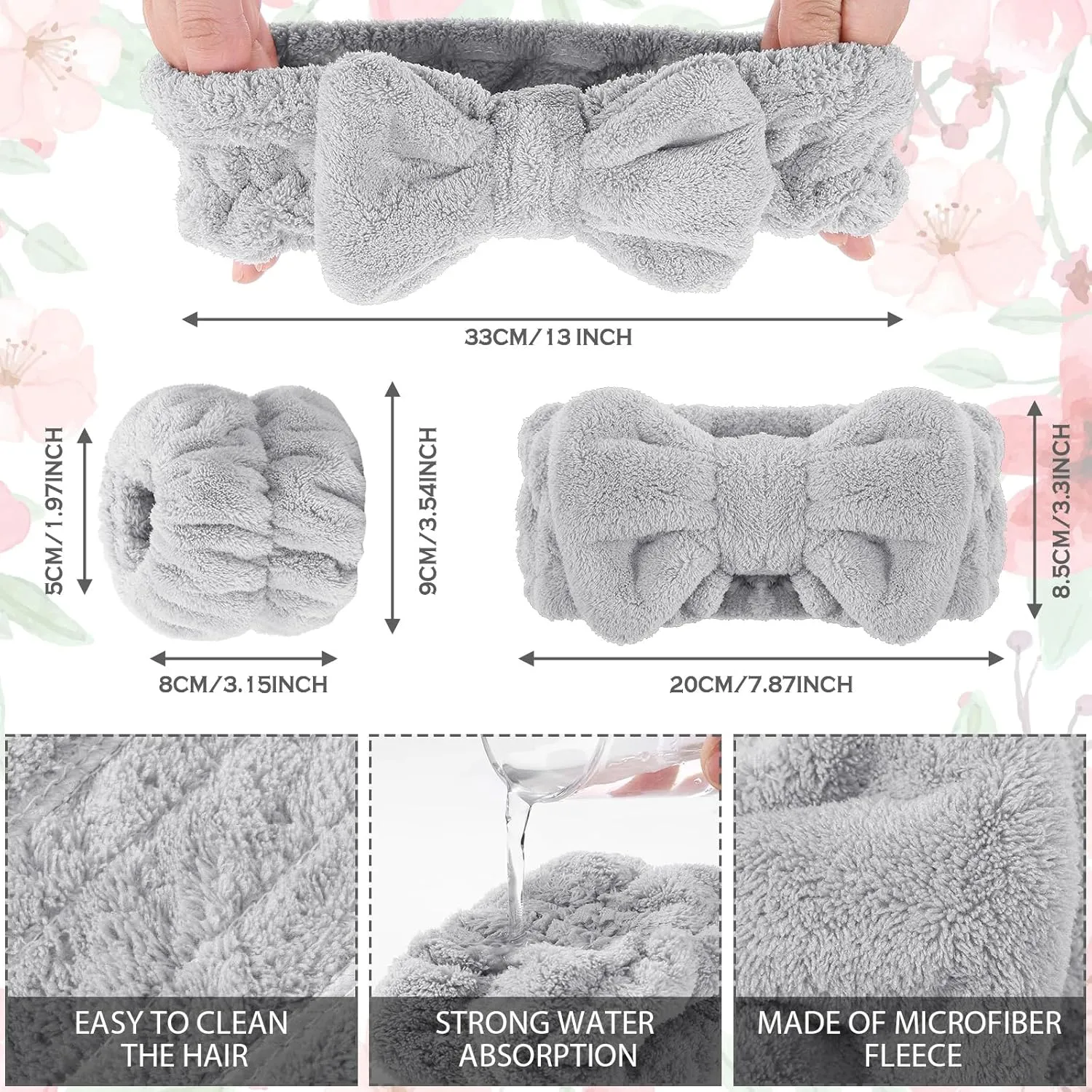 Chuangdi 4 Pcs Microfiber Headband Spa Wristbands and Wrist Bands for Washing Face Cuffs Towel Wristbands Hair Headband Face Wash Cuffs for Women Makeup(Grey, Black)