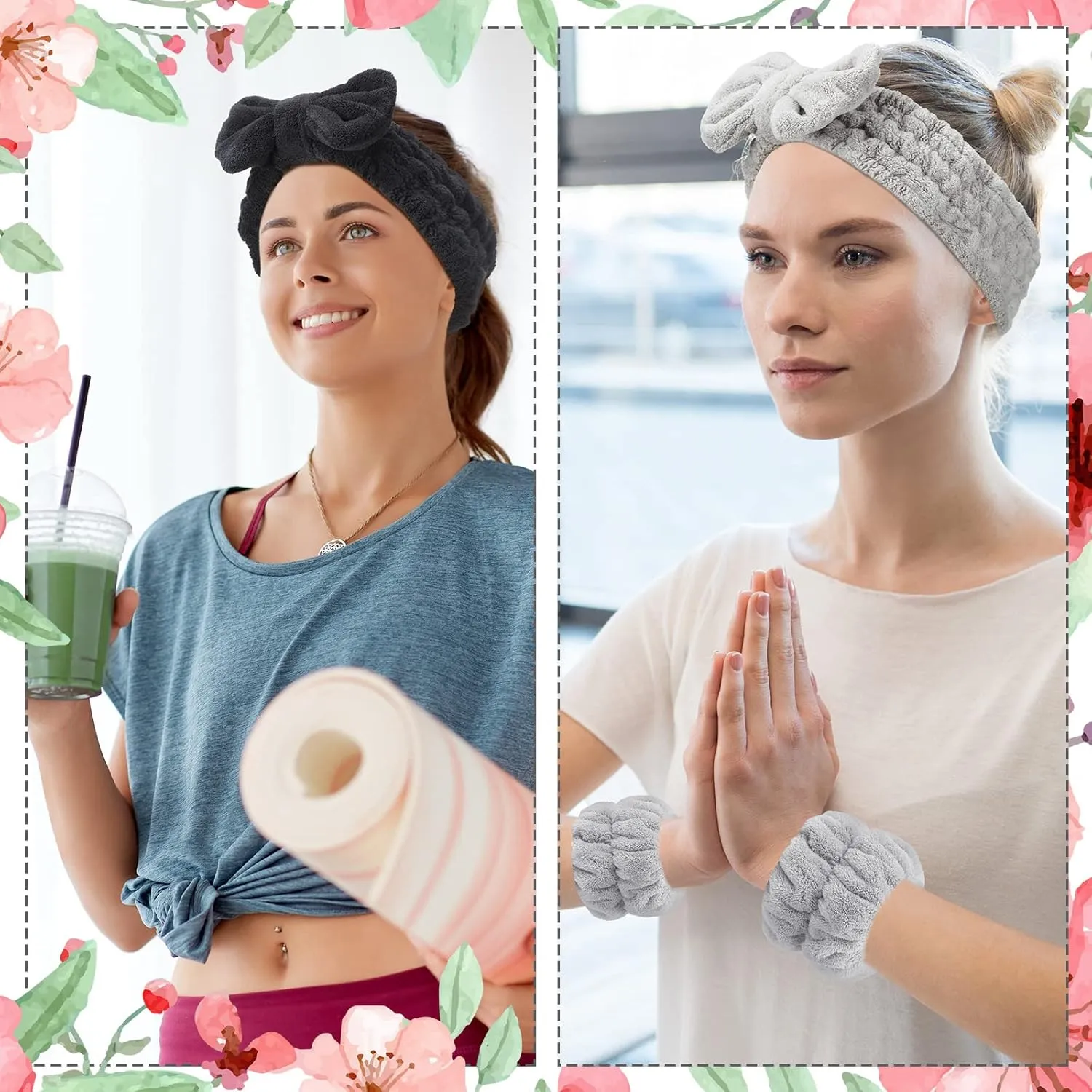 Chuangdi 4 Pcs Microfiber Headband Spa Wristbands and Wrist Bands for Washing Face Cuffs Towel Wristbands Hair Headband Face Wash Cuffs for Women Makeup(Grey, Black)
