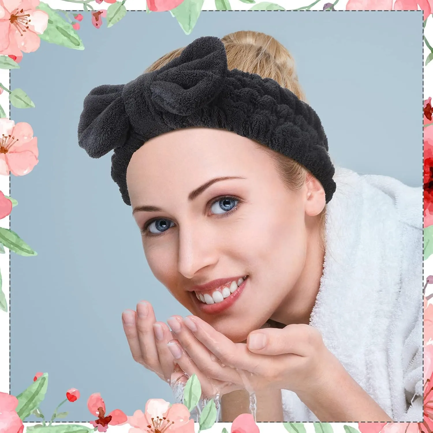 Chuangdi 4 Pcs Microfiber Headband Spa Wristbands and Wrist Bands for Washing Face Cuffs Towel Wristbands Hair Headband Face Wash Cuffs for Women Makeup(Grey, Black)