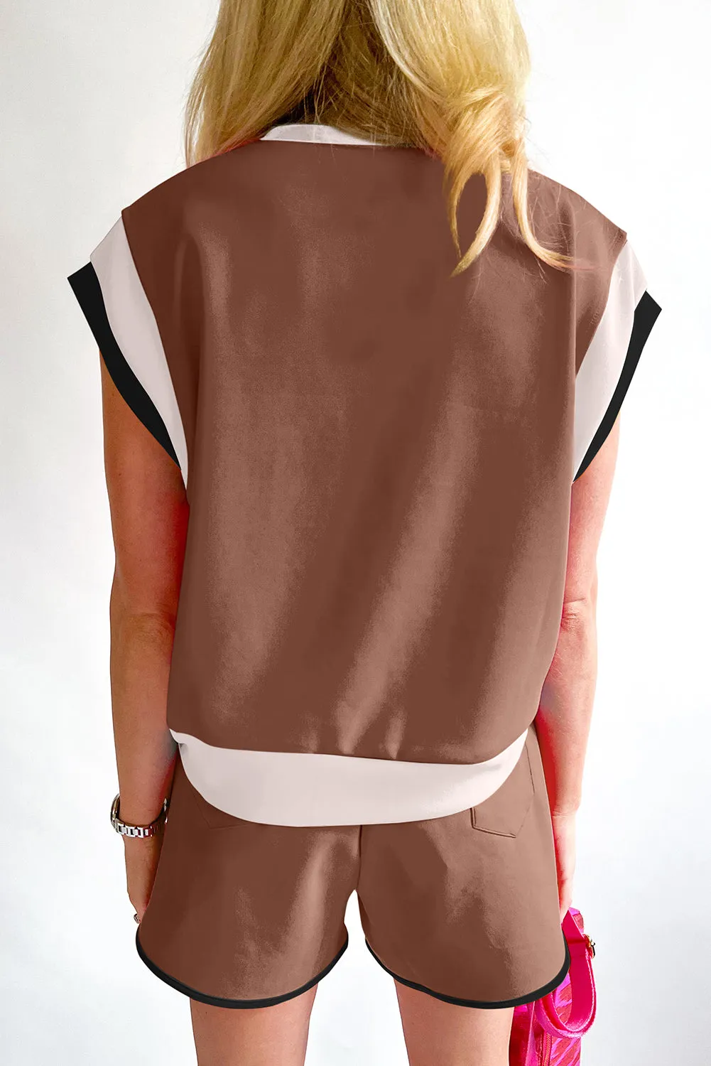 Contrast Trim Cap Sleeve Tee Shorts Set