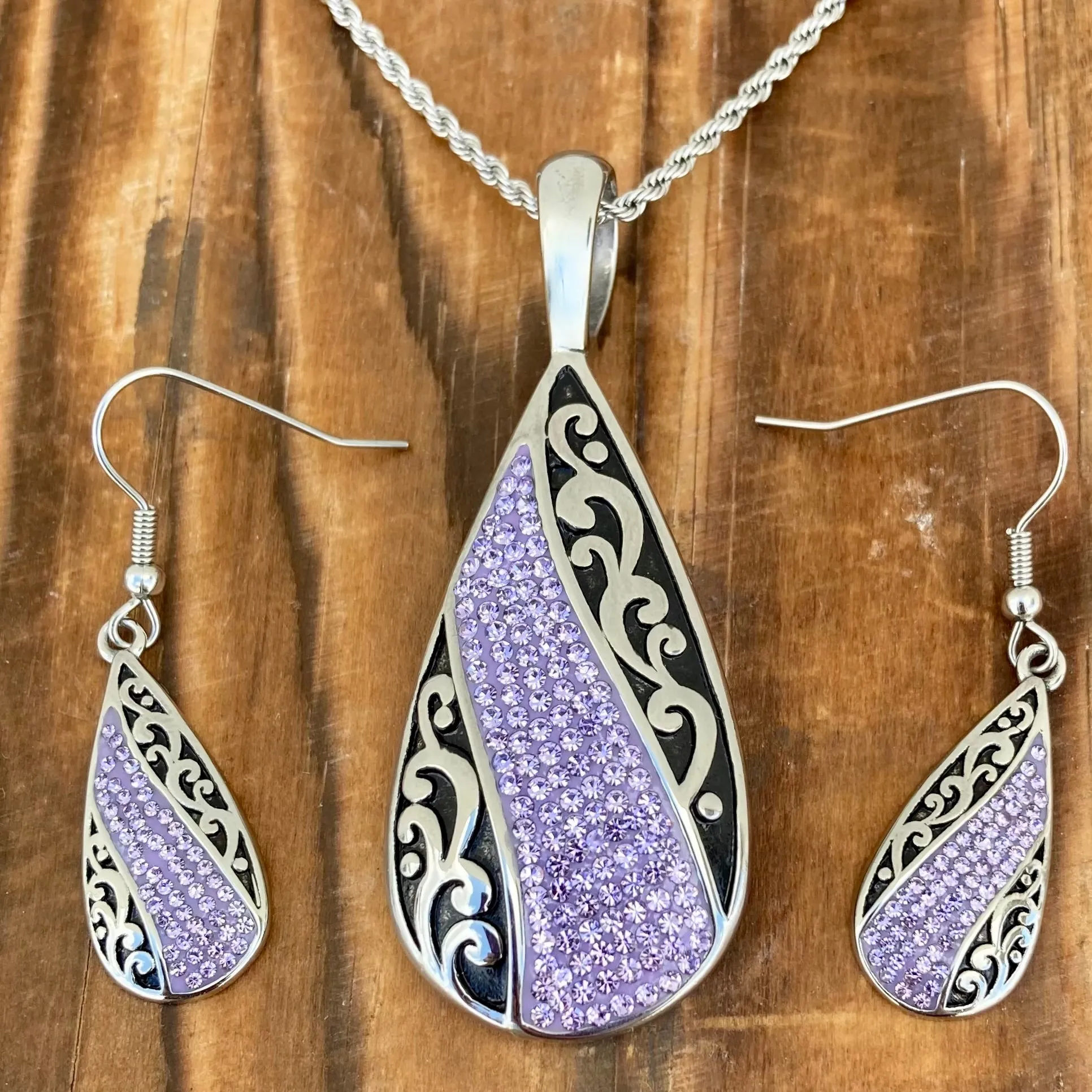 Crystal Teardrop - Purple - Pendant - Rope Necklace or Omega - AJ06
