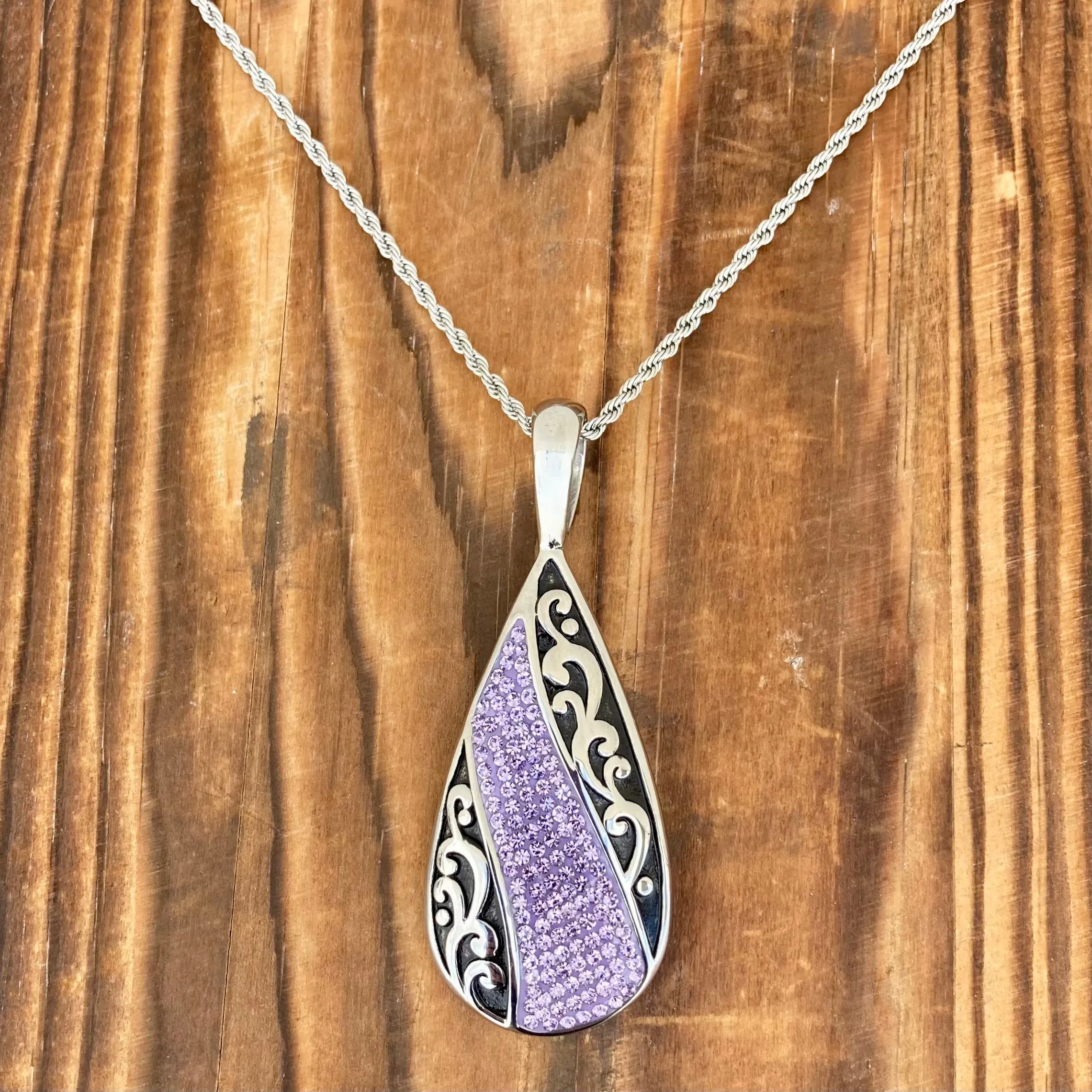 Crystal Teardrop - Purple - Pendant - Rope Necklace or Omega - AJ06