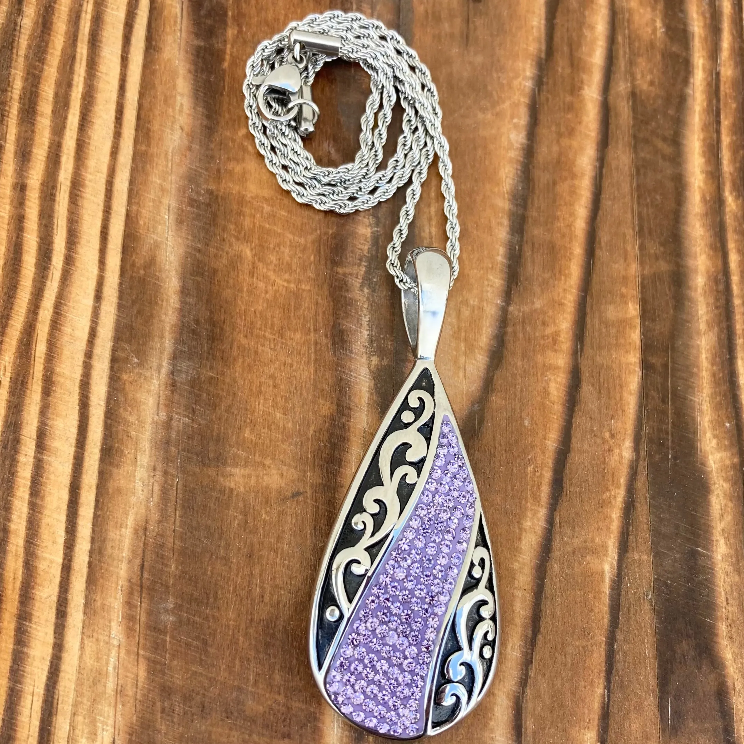 Crystal Teardrop - Purple - Pendant - Rope Necklace or Omega - AJ06