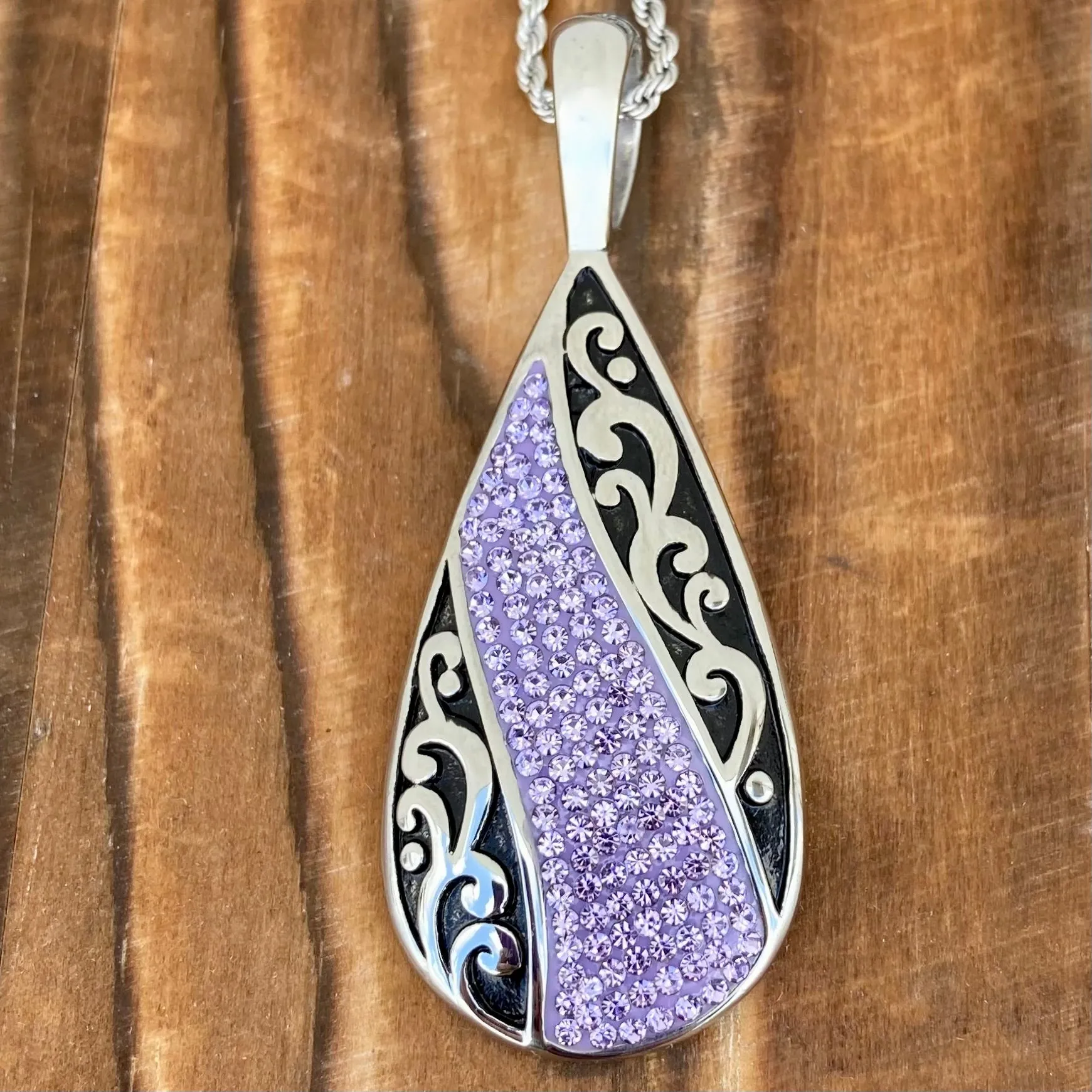 Crystal Teardrop - Purple - Pendant - Rope Necklace or Omega - AJ06