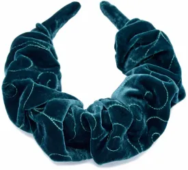 Embroidered silk velvet - handmade gathered crown in peacock teal