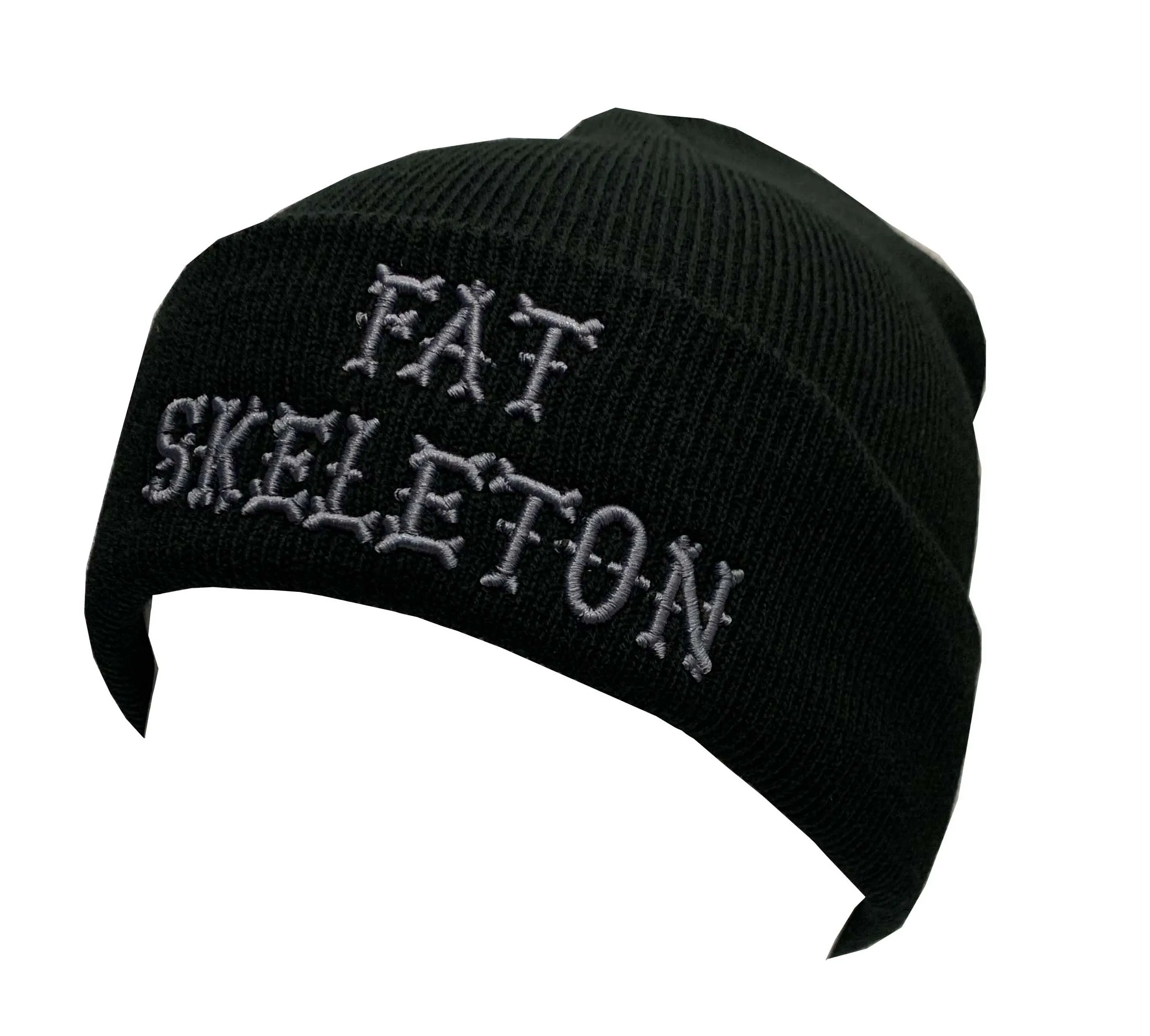 Fat Skeleton Rib Knitted Black Beanie with 3D embroidery