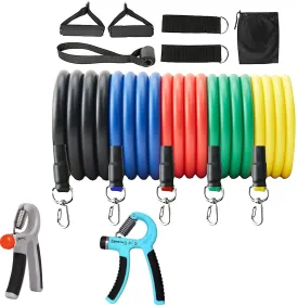 Fitness Combo of 11-In-1 Resistance Bands Set with 2Pc Adjustable Hand Gripper