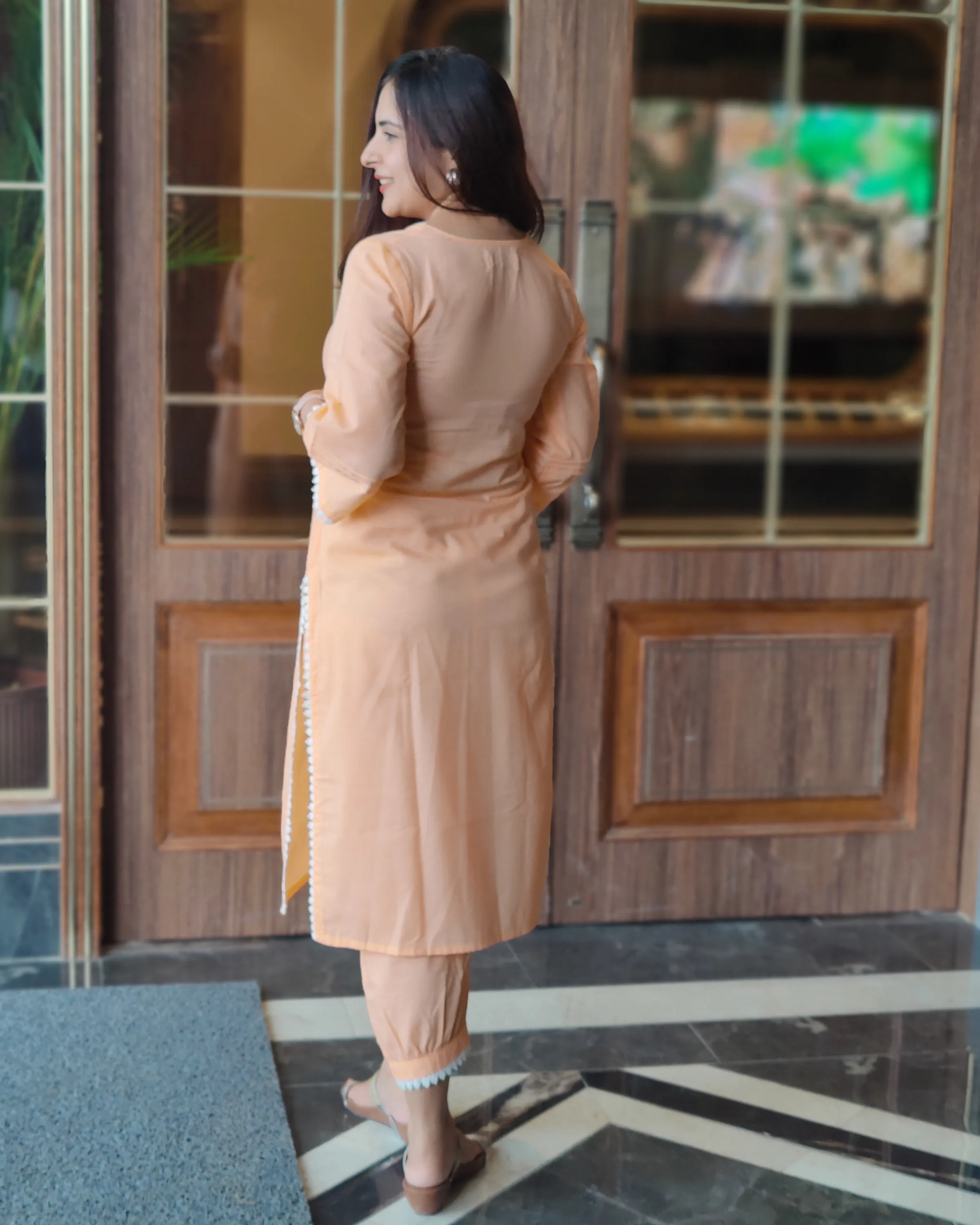 Fluer Peach Cotton Kurta With Laced Salwar