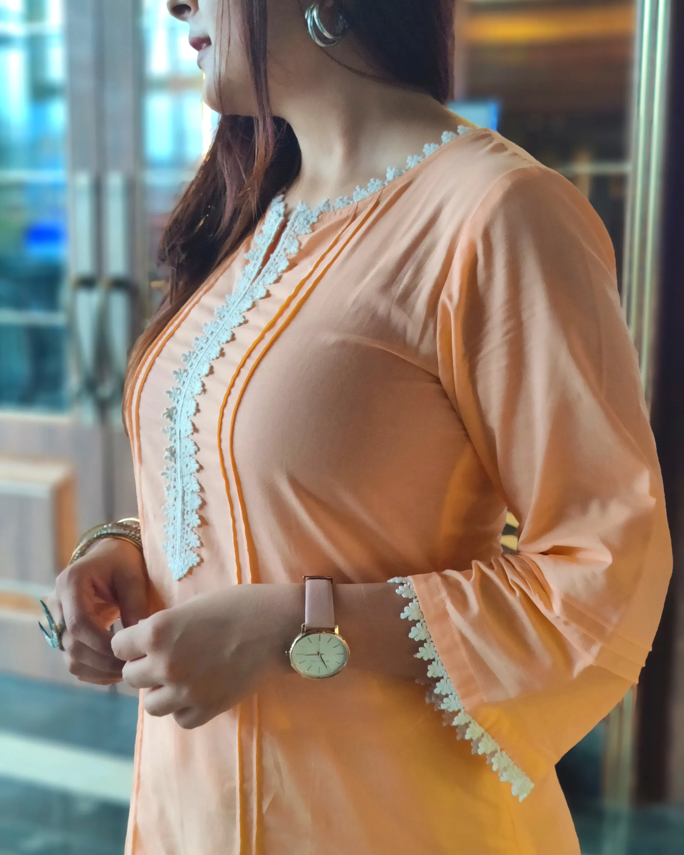 Fluer Peach Cotton Kurta With Laced Salwar